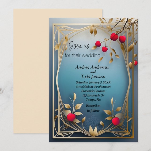 Rote Äpfel, goldene Blätter Hochzeit Einladung (Vorne/Hinten)