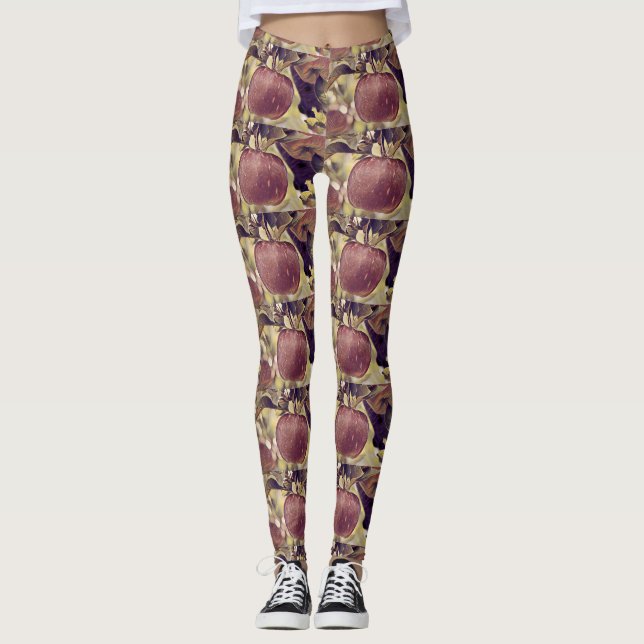 Rote Apfelfrucht und Blätter Aquarell fallen Leggings (Vorderseite)