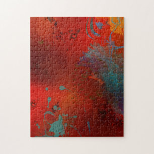 Rote, aqua- und goldfarbene Grunge-Abstrakte Kunst Puzzle