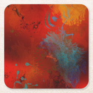 Rote, aqua- und goldfarbene Grunge-Digital-Abstrak Rechteckiger Pappuntersetzer