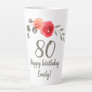 Rote Aquarell-Rose Geburtstags-Blume 80. Floral  Milchtasse
