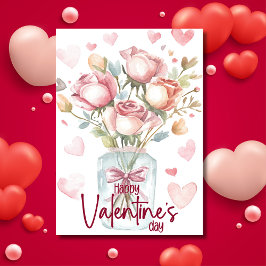 Rote Aquarell-Rosen Glas Frohen Valentinstag Feiertagskarte