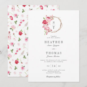 Rote Aquarell-Rosen-Monogramm-Kranz-Hochzeit Einladung