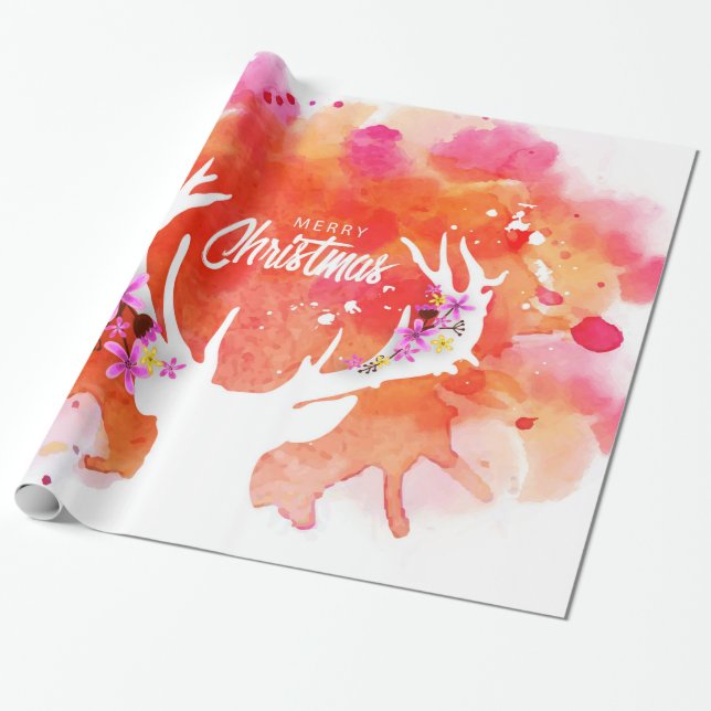 Rote Aquarell-Rotwild-frohe Weihnachten Geschenkpapier (Ungerollt)