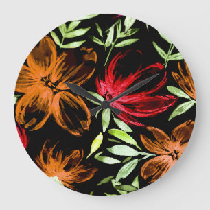 Rote Aquarellblumen 6 Große Wanduhr