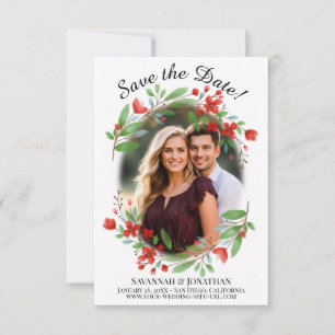 Rote Aquarellblüten & Grünzeug Hochzeit Save The Date