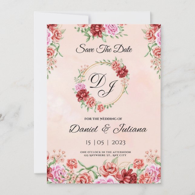 Rote Aquarellkarte, elegante Blumenkarte f Einladung (Vorderseite)