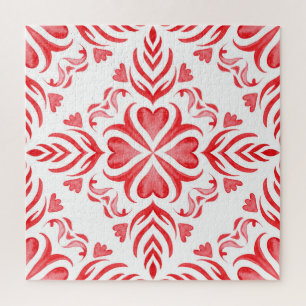 Rote Arabesken-Wasserfarbe: ornamentales Muster. Puzzle