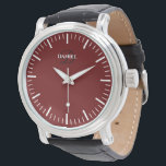 Rote Armbanduhr mit schwarzem Lederband<br><div class="desc">Rote Armbanduhr mit schwarzer Lederband. Erstellen Sie Ihre eigene individuelle Name Luxuskleideschau. Klassisches zeitloses Uhrendesign mit feinen Indizes inklusive Minuten und Stunden, aber ohne Zahlen. Fügen Sie Ihr eigenes individuelles Monogramm, personalisierten Namen, Designernamen, Initialen, Geburtsjahr, Logo, Icon, Foto-Image usw. hinzu. Moderne Uhren im minimalistischen Stil mit eleganter Schrift-Typografie-Vorlage. Luxuriöses Zeitmesser...</div>