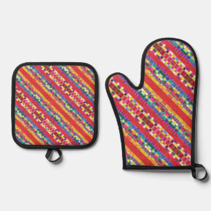 rote Armbanduhren, Streifen und farbige Pixel Ofenhandschuh & Topflappen-Set