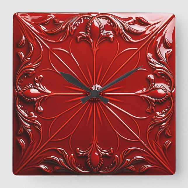Rote Art Deco  Quadratische Wanduhr (Vorderseite)