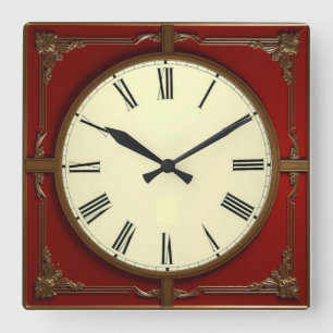 Rote Art Deco Quadratische Wanduhr