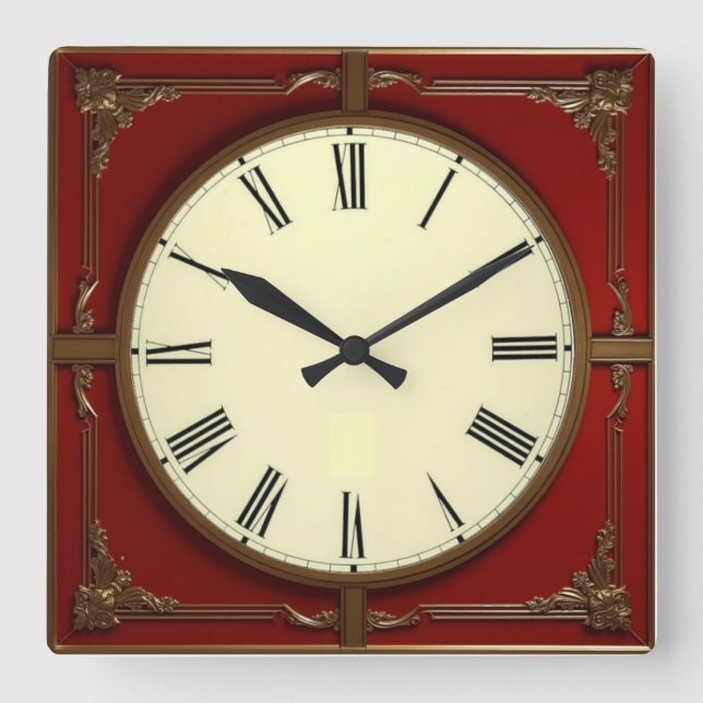 Rote Art Deco Quadratische Wanduhr (Vorderseite)