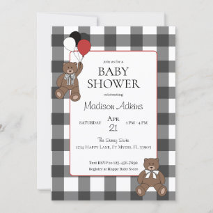 Rote auf schwarzen Büffel-Karo-Teddybären-Baby-Par Einladung