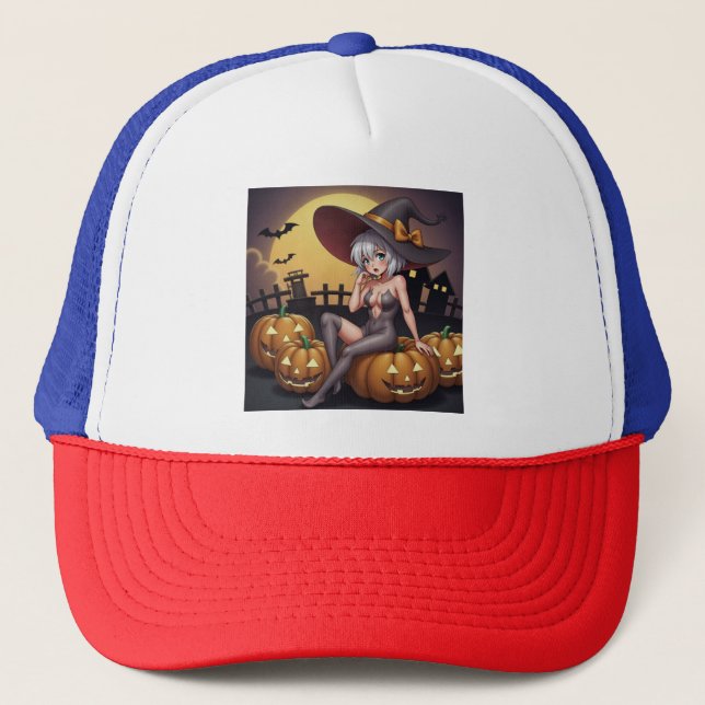 Rote Augenröhre auf Jack-O-Lantern Truckerkappe (Vorderseite)