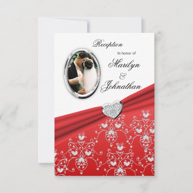 Rote Band-Herz-Damast-Empfangs-Einladungen Einladung (Vorderseite)