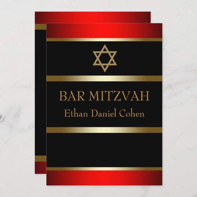 Rote Bar Mitzvah Einladungen (Vorne/Hinten)
