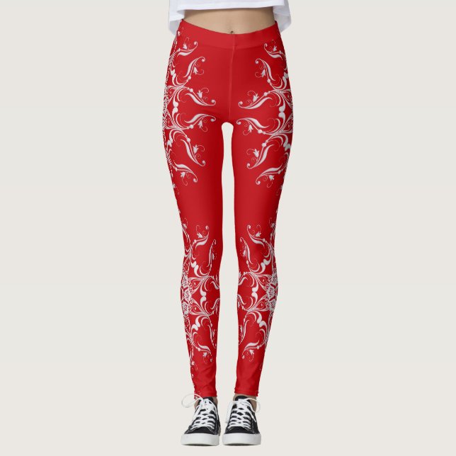 Rote barocke Art-Schneeflocke Leggings (Vorderseite)