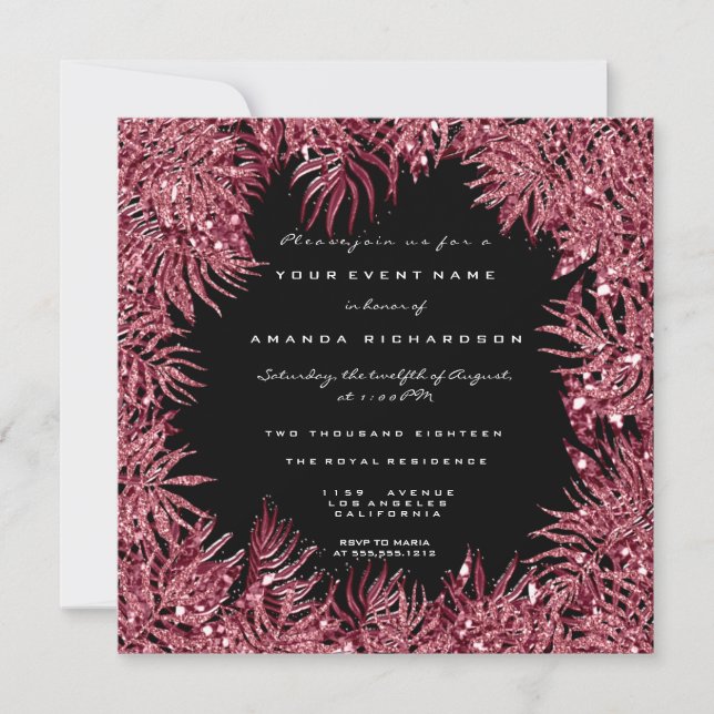 Rote Bean Fern Blätter Rahmen metallisch Schwarz P Einladung (Vorderseite)