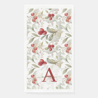 Rote Beeren Cranberry Zweige Monogramm Weihnachten Serviette