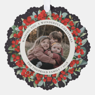 Rote Beeren + Eukalyptus Weihnachtskranz Foto Ornament Karte
