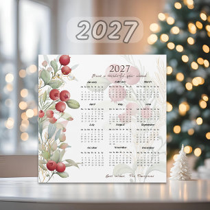 Rote Beeren Grün Elegante 2027-Kalenderkarte Magnetkarte
