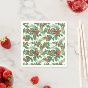 Rote Beeren Grüner Stechpalmen-Blumen-Weihnachten Serviette