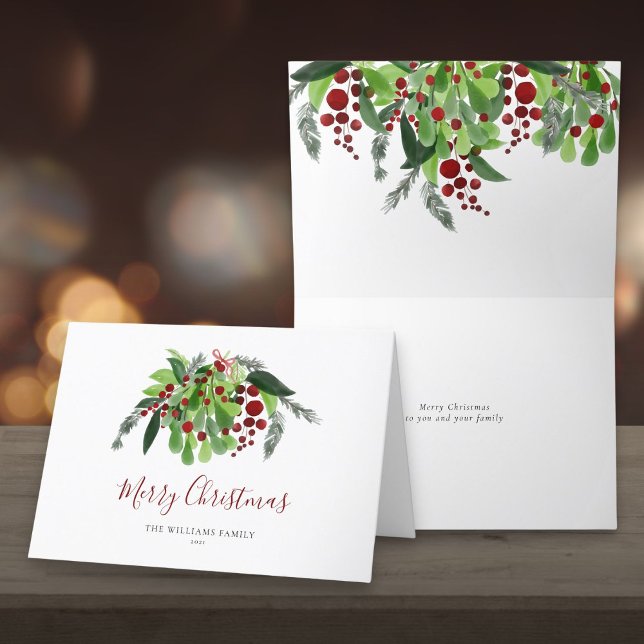 Rote Berries Grün Weihnachten (Watercolor Red Berries Greenery Christmas Holiday Card)