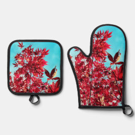 Rote Blätter Ofenhandschuh & Topflappen-Set
