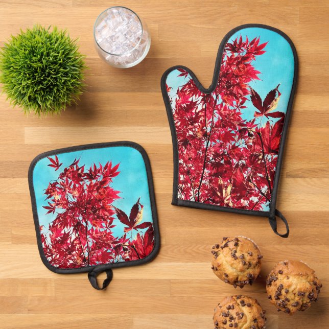 Rote Blätter Ofenhandschuh & Topflappen-Set (Oben Unten)