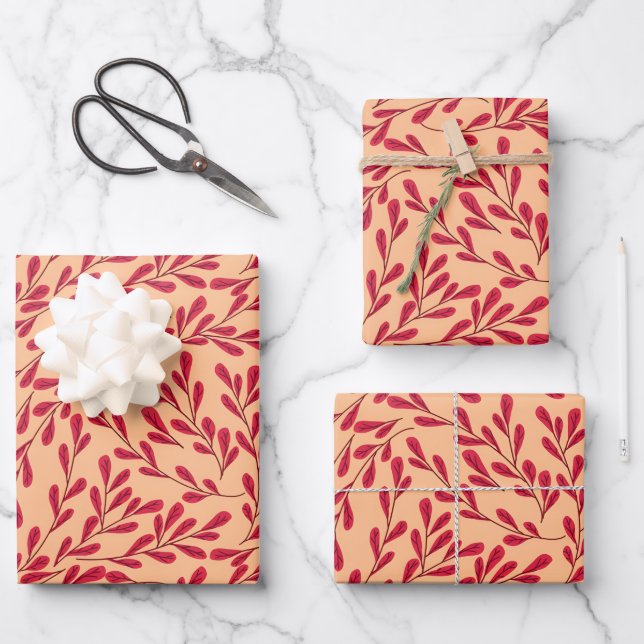 Rote Blattzweige Nahtloses Muster Geschenkpapier Set (Vorderseite)