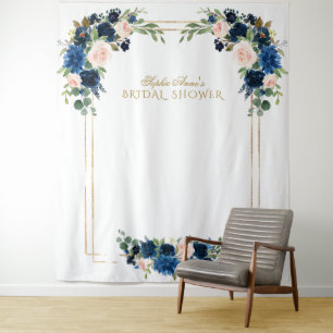 Röte Blau Floral Gold Hochzeitsdusche Foto Booth Wandteppich