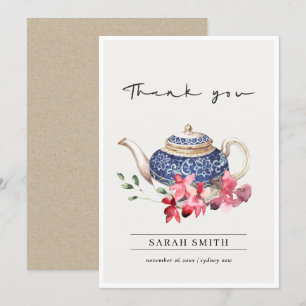 Rote Blaue Aquarell-Teekanne Florale Teeparty Dankeskarte