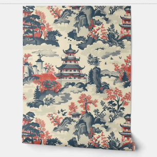 Rote & Blaue chinesische Tempel Bäume Berge Tapete