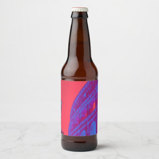 Rote, blaue digitale Kunst des Kolosseums und Stat Bierflaschenetikett (Vorderseite)