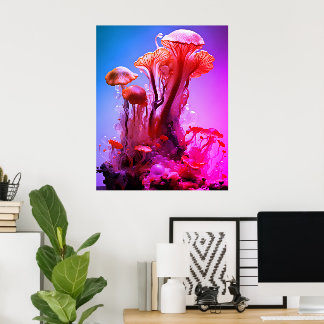 Rote + blaue farbige durchsichtige Pilze an einer Poster