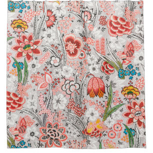 ROTE BLAUE GELBE WILDBLUMEN TULPEN, BLÄTTER FLORAL DUSCHVORHANG