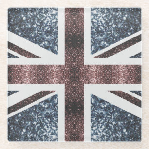 Rote blaue Glitzern unter der Flagge Rustikales UK Glasuntersetzer