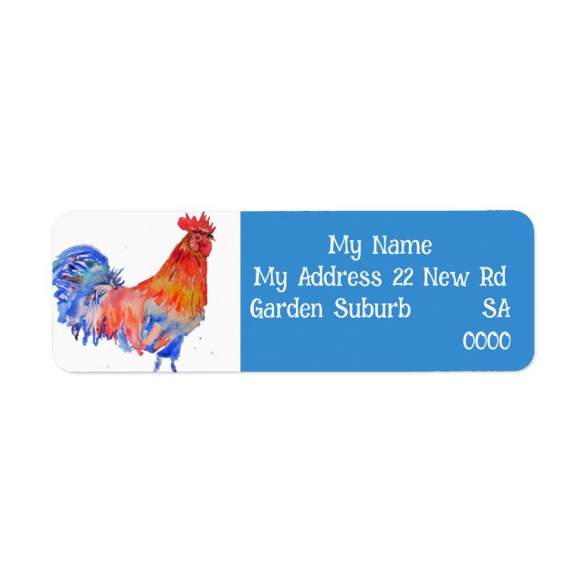 Rote Blaue Hahn Kunst Vogel Rücksende-Adressetiket (Vorne)
