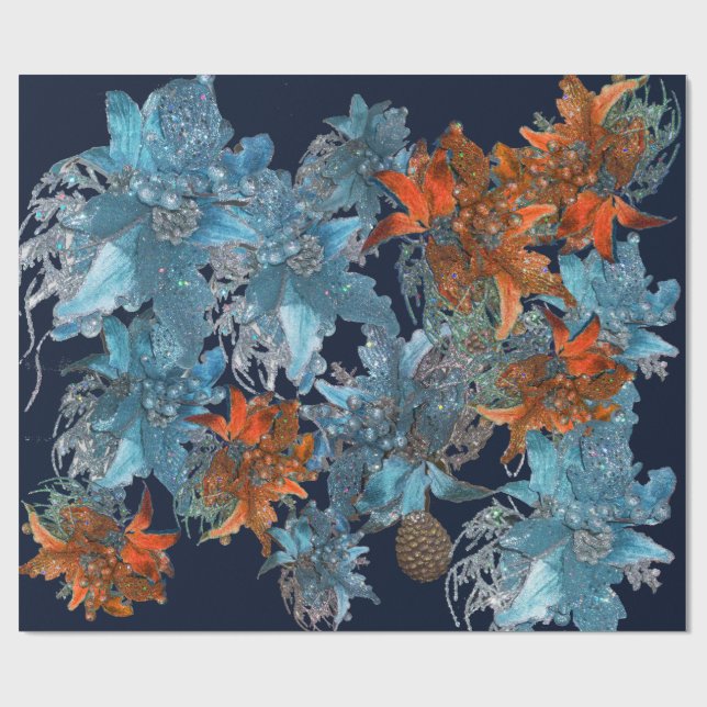 ROTE BLAUE POINSETTIAS, CHRISTMAS STARTEN IN GLITZ GESCHENKPAPIER (Flach)