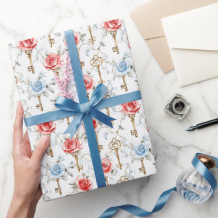 Rote Blaue Rosen Goldene Schlüssel Brautparty Geschenkpapier