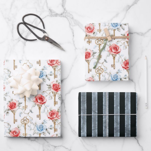 Rote Blaue Rosen Schlüssel Junggesellinnenabschied Geschenkpapier Set (Vorderseite)