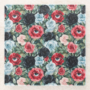 Rote Blaue Schwarze Blumen mit Augen Glasuntersetzer