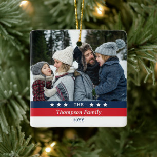 Rote blaue Sterne Streifen Familienfoto Weihnachte Keramikornament