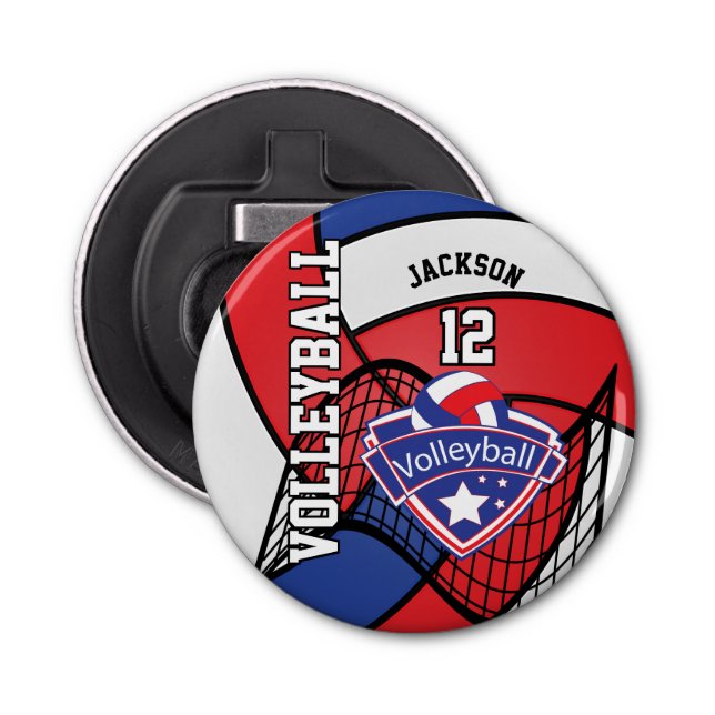 Rote, blaue und weiße Volleyball-🏐 Flaschenöffner (Vorderseite)