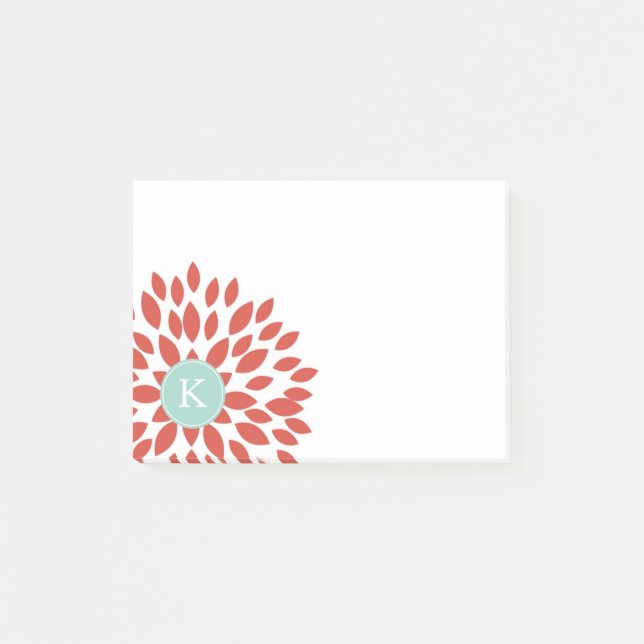 Rote blühende Blüte mit aquamarinem Monogramm Post-it Klebezettel (Vorderseite)