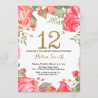 Rote Blume 12. Geburtstag Einladung Gold Glitzer
