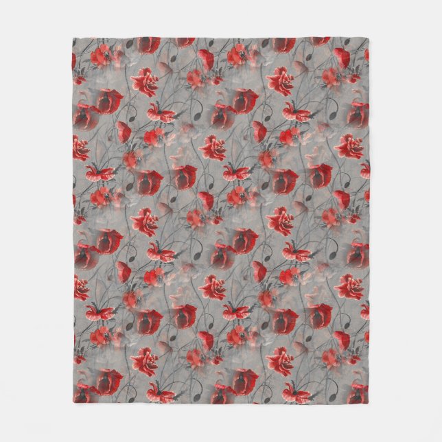 Rote Blume auf Dunkelgrau, Rote Pfeffer Blumendruc Fleecedecke (Vorderseite)