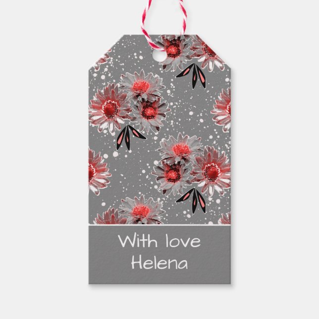 Rote Blume auf grau Geschenkanhänger (Vorderseite)