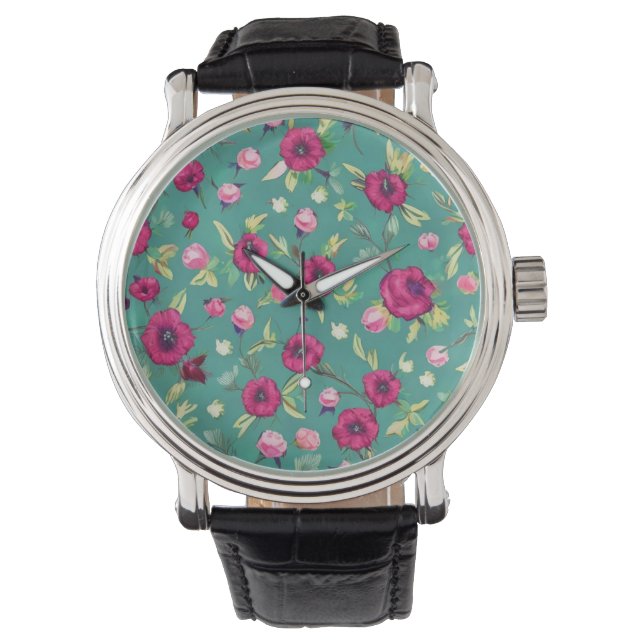Rote Blume auf grünem Hintergrund Armbanduhr (Vorderseite)